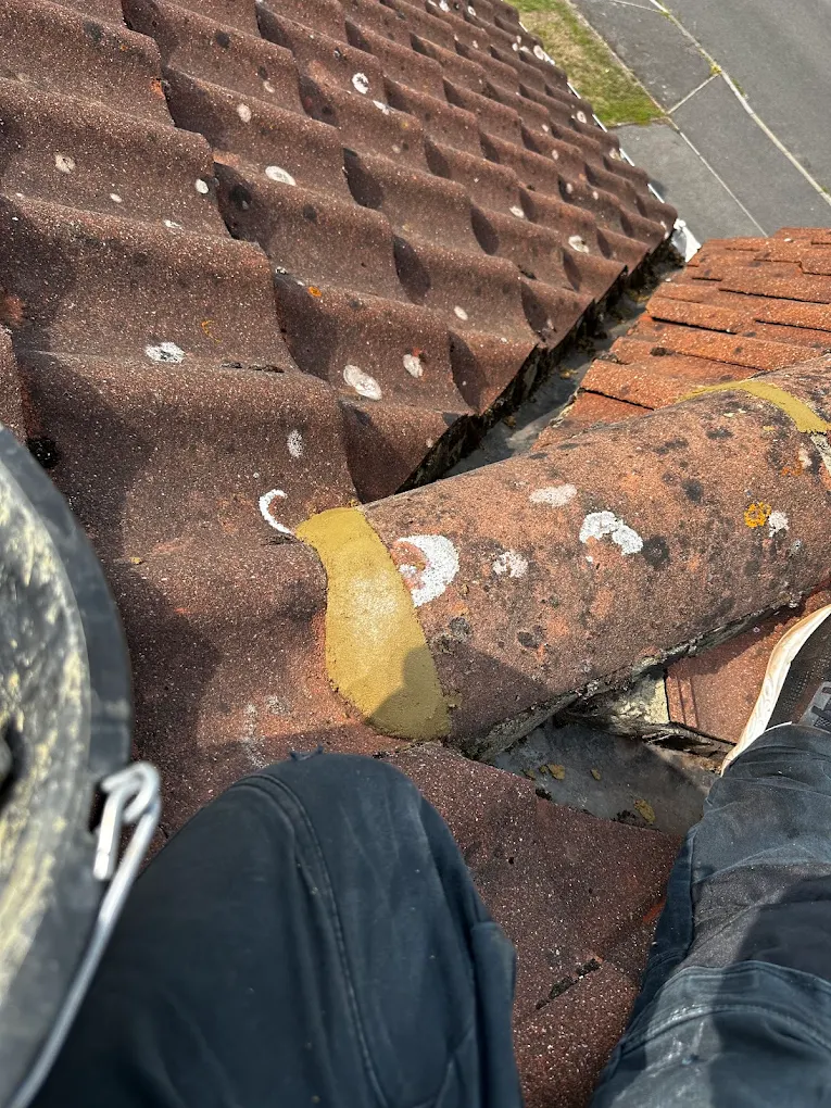 Ridge tile and weathered concrete pantiles with failed mortar, seen from the roof